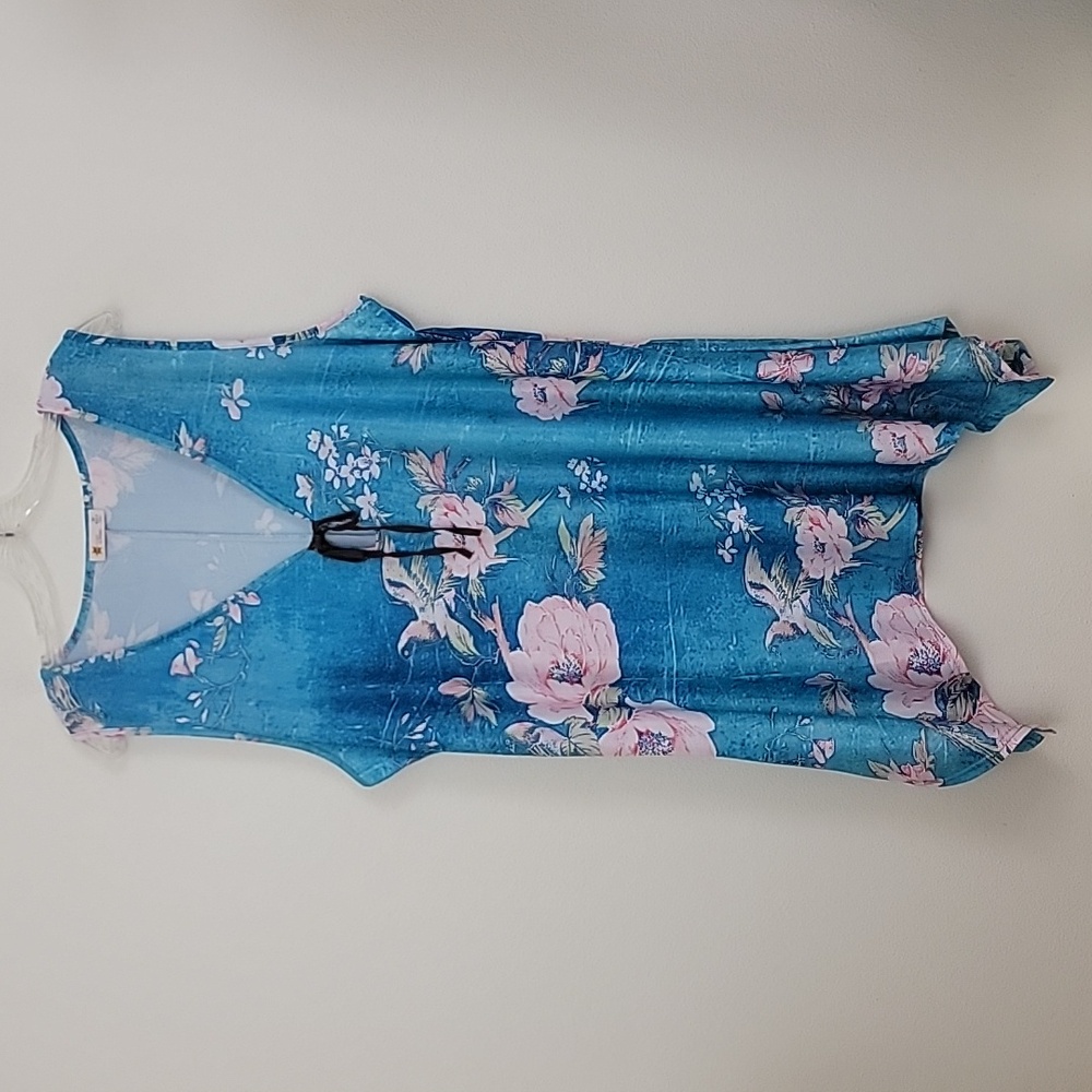 Sunflower by Firmiana Blue & Pink Floral & Birds Sleeveless Tunic Top 2X